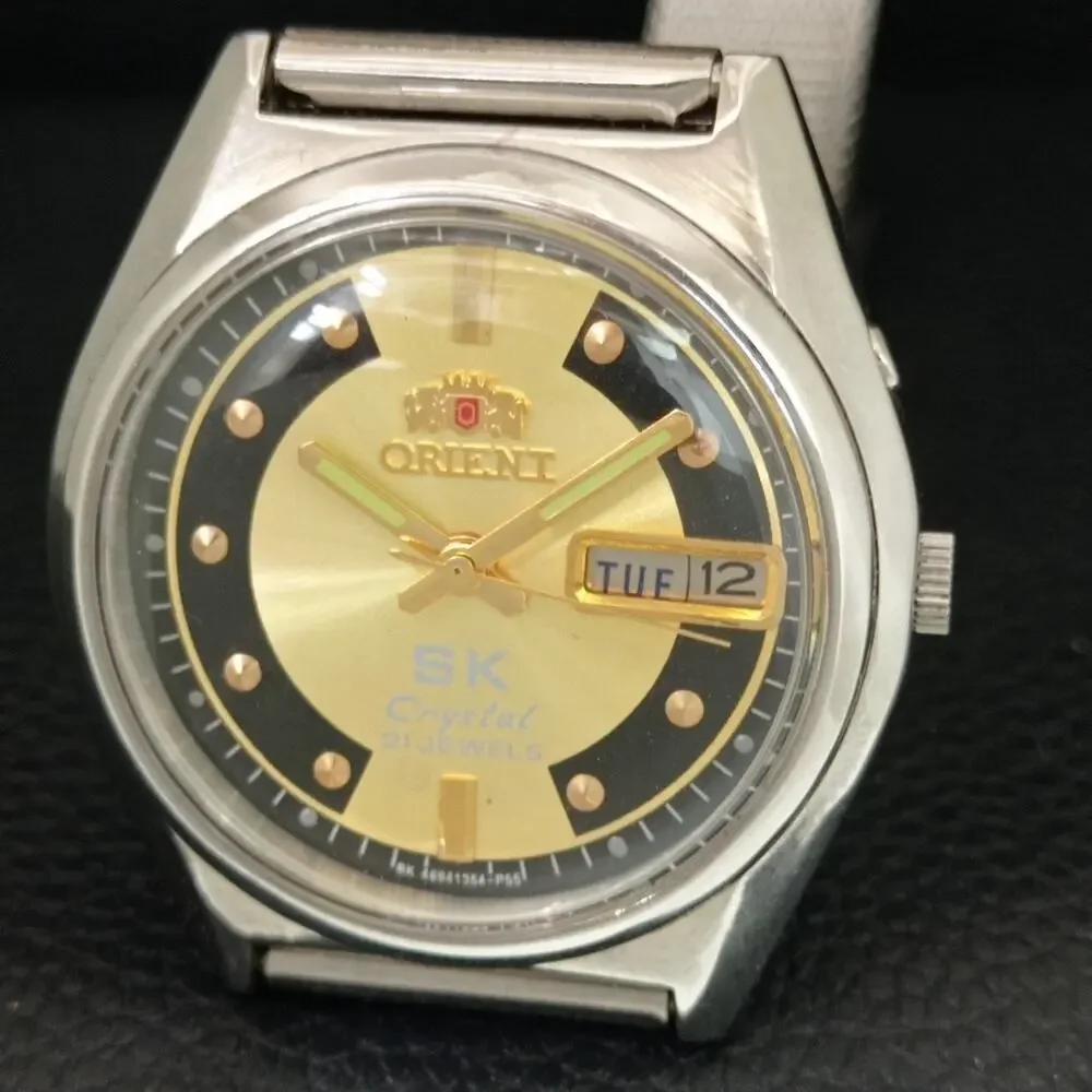 Vintage 1970 Orient Automatic Mens Silver Watch W/daydate & Gold accents